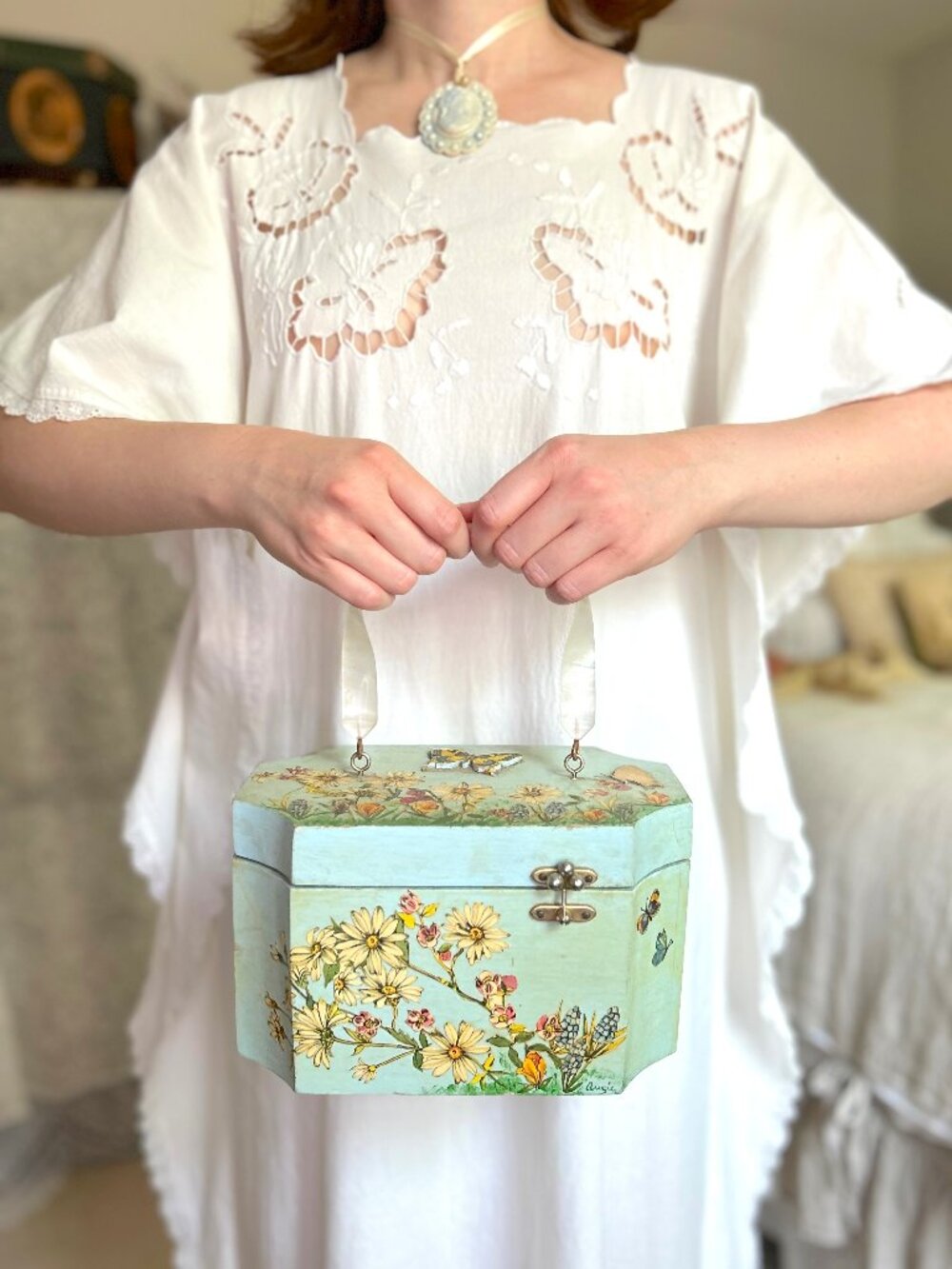 Vintage 60s Decoupage Wooden Purse, Floral Butterfly Box Bag, Cottagecore Retro